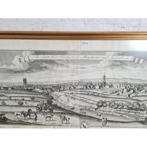 440 - A 1960s framed lithograph of the South West Prospect of Manchester and Salford originally published ... 