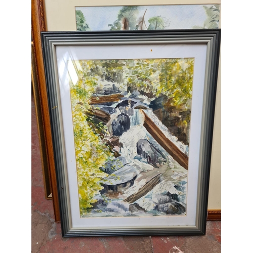 443 - A large collection of framed pictures to include various watercolours, Derbyshire and Peak District ... 