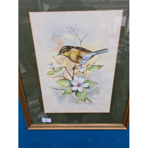 452 - A framed watercolour of a botanical bird scene signed lower right - approx. 54cm high x 44cm wide