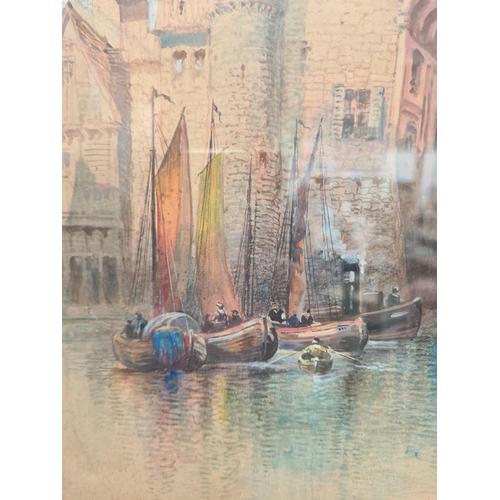 455 - A framed watercolour of The Hall of the Red Knights by R. Randolf - approx. 46cm high x 36cm wide