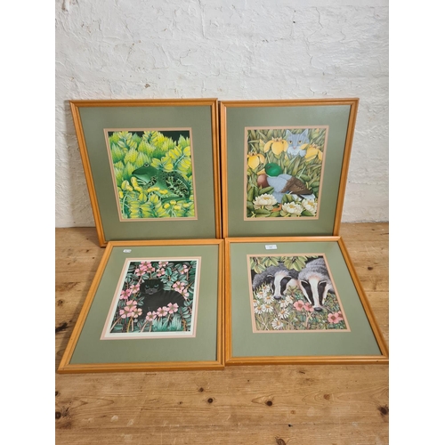 458 - Four framed Helen Mortley animal prints to include badgers, cat pencil signed limited edition 78 of ... 