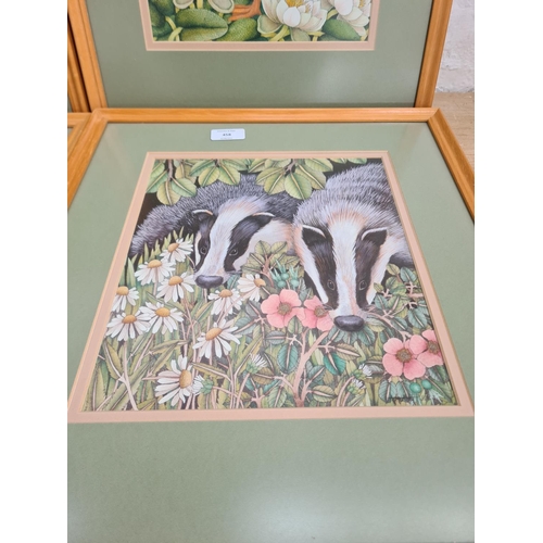 458 - Four framed Helen Mortley animal prints to include badgers, cat pencil signed limited edition 78 of ... 