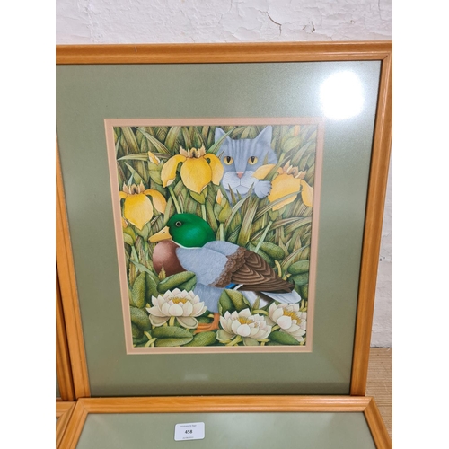 458 - Four framed Helen Mortley animal prints to include badgers, cat pencil signed limited edition 78 of ... 