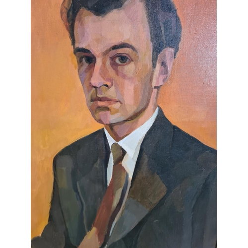 460 - A mid 20th century portrait oil on canvas of a suited gentleman - approx. 82cm high x 62cm wide