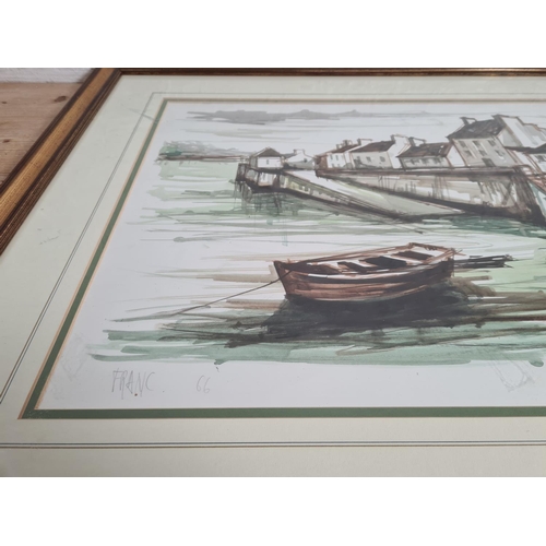 462 - A 1966 framed François Franc (1926-1989) watercolour of a harbour scene titled 'Le Conquet' - approx... 