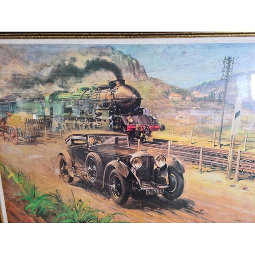 466 - A framed Terrence Cuneo print of Bentley V Blue Train - approx. 89cm wide x 79cm high