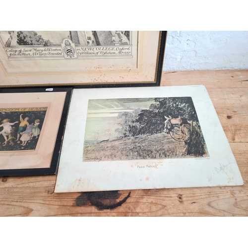 469 - Three various antique prints to include Margaret W. Tarrant hand tinted religious scene etc.