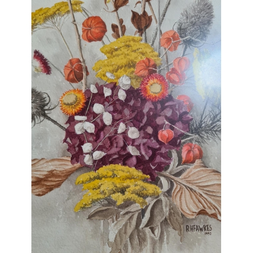 474 - A 1992 pine framed floral watercolour by local artist R. H. Fawkes - approx. 68cm high x 50cm wide