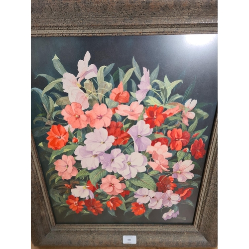 480 - A 1997 framed floral watercolour by local artist R. H. Fawkes - approx. 67cm high x 57cm wide