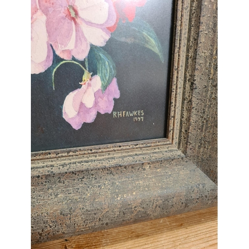 480 - A 1997 framed floral watercolour by local artist R. H. Fawkes - approx. 67cm high x 57cm wide