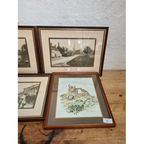 481 - Four framed local pictures, three late 19th/early 20th century photographs of Congleton and one wate... 