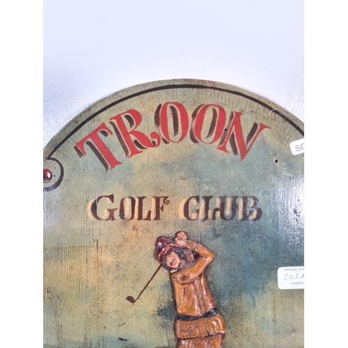 205A - A Troon Golf Club hand painted wooden wall plaque - approx. 38cm high x 30cm wide