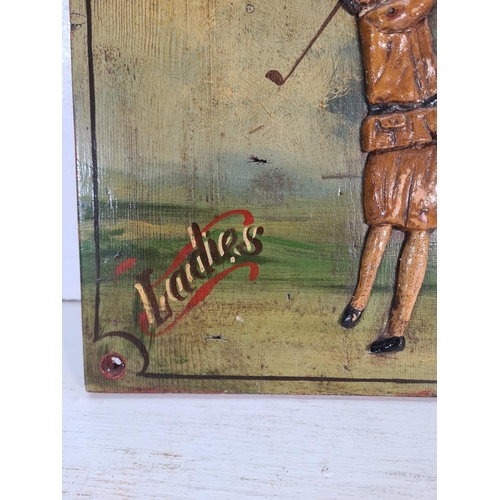 205A - A Troon Golf Club hand painted wooden wall plaque - approx. 38cm high x 30cm wide