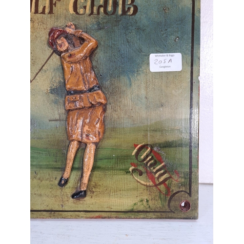 205A - A Troon Golf Club hand painted wooden wall plaque - approx. 38cm high x 30cm wide