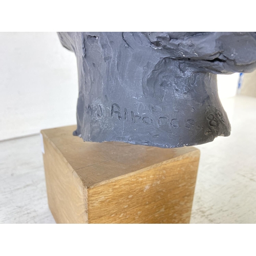 230 - A late 20th century clay bust on wooden plinth signed to reverse M J Altarcs '88 - approx. 39cm high