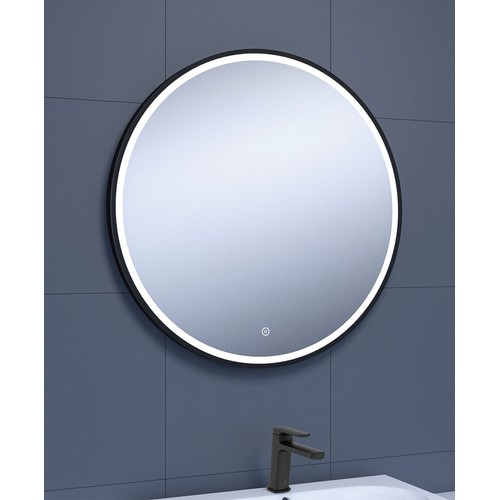 508 - A boxed as new Aqualla black round fuse frame LED illuminated mirror - approx. 70cm in diameter