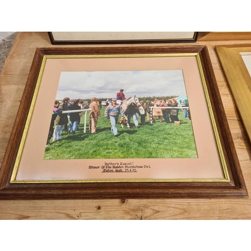 484 - Six various framed pictures to include photograph of Arthur's Rascal, A. Kennedy watercolour of a be... 