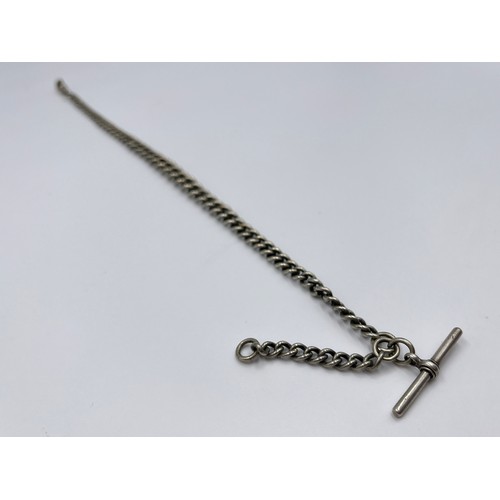 1156B - An antique white metal 35cm Albert chain with hallmarked sterling silver T-bar and clasp - approx. g... 