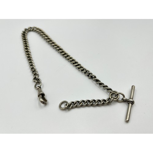 1156B - An antique white metal 35cm Albert chain with hallmarked sterling silver T-bar and clasp - approx. g... 