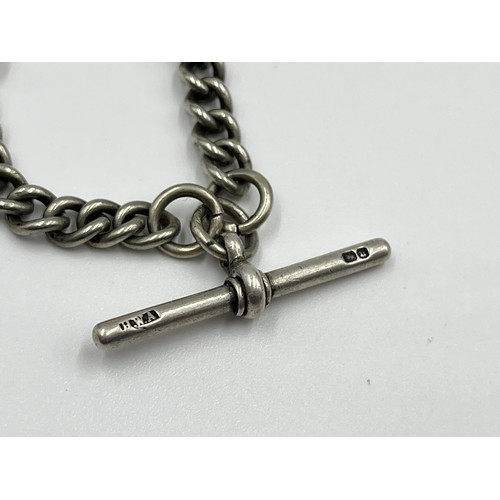 1156B - An antique white metal 35cm Albert chain with hallmarked sterling silver T-bar and clasp - approx. g... 