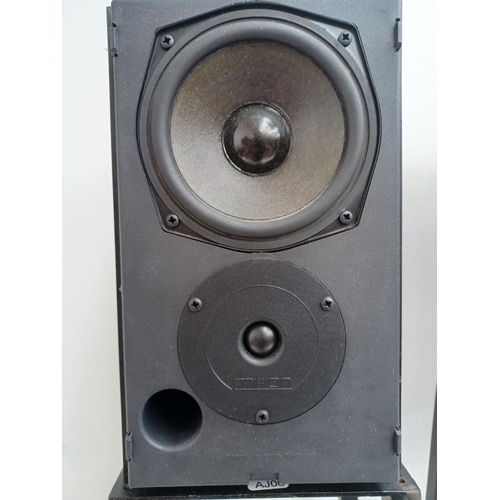 572 - A pair of Mission 760 two way 6Ω hi-fi speakers with Apollo floor stands, wall brackets and Monster ... 