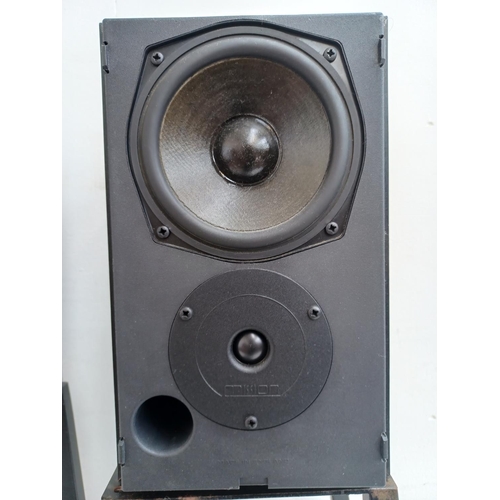 572 - A pair of Mission 760 two way 6Ω hi-fi speakers with Apollo floor stands, wall brackets and Monster ... 