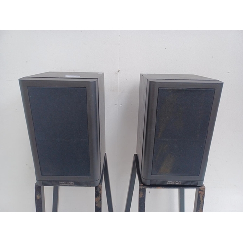 572 - A pair of Mission 760 two way 6Ω hi-fi speakers with Apollo floor stands, wall brackets and Monster ... 