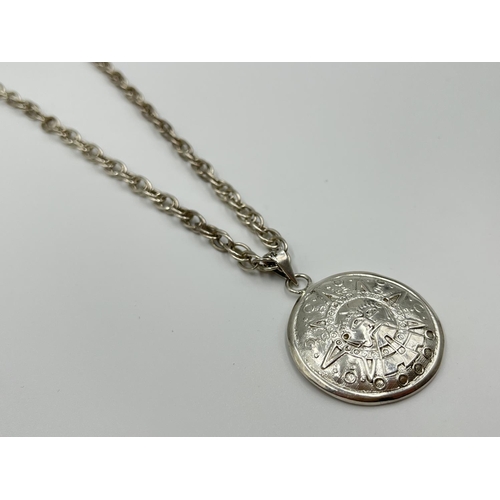 1059 - A .925 Mexican silver Aztec pendant necklace, stamped TM-26 - approx. gross weight 38.78 grams and 3... 