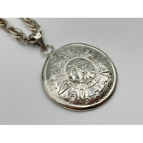 1059 - A .925 Mexican silver Aztec pendant necklace, stamped TM-26 - approx. gross weight 38.78 grams and 3... 