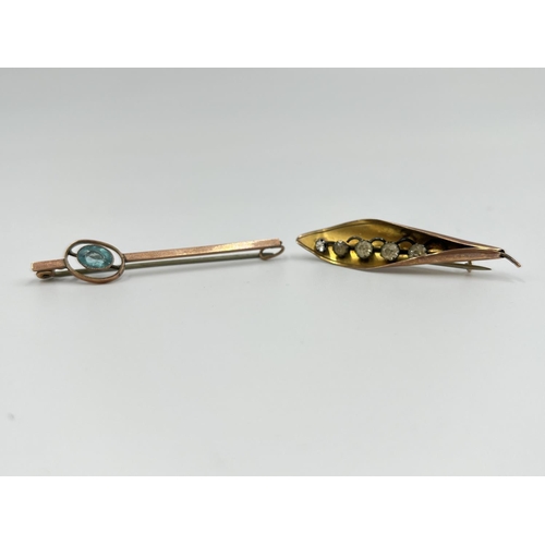 1063 - Two Victorian 9ct gold brooches, one Arthur Johnson Smith lily of the valley clear paste gemstone an... 