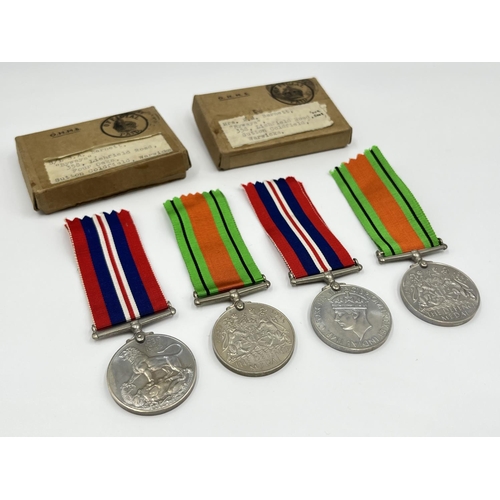 1105 - Two boxed WWII medal pairs with ribbons and papers, one box addressed to Mrs. R.M Barnett and one ad... 