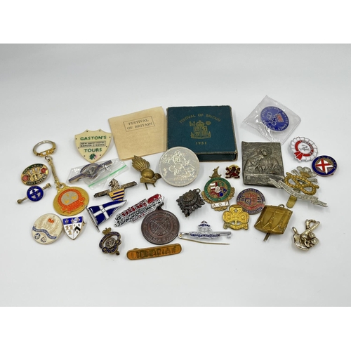 1106 - A collection of assorted vintage medals and badges to include boxed 1951 Festival of Britain crown, ... 