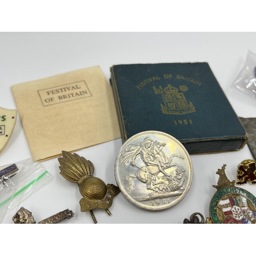 1106 - A collection of assorted vintage medals and badges to include boxed 1951 Festival of Britain crown, ... 