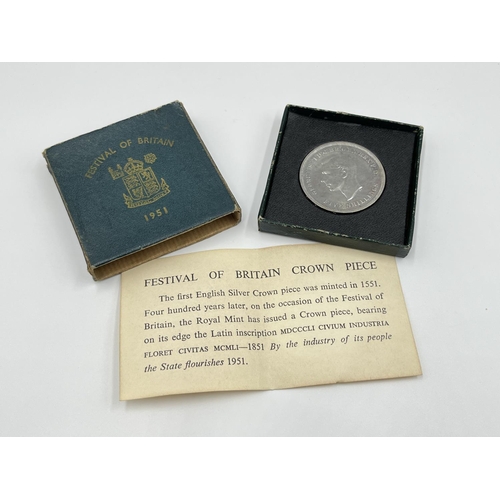 1106 - A collection of assorted vintage medals and badges to include boxed 1951 Festival of Britain crown, ... 