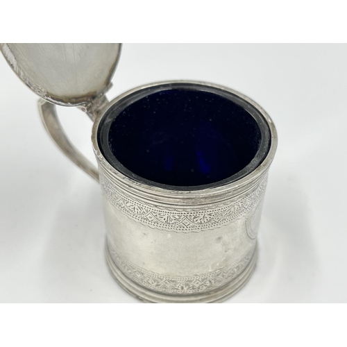 1221 - A Charles Stuart Harris Victorian hallmarked London silver mustard pot with blue glass liner, dated ... 