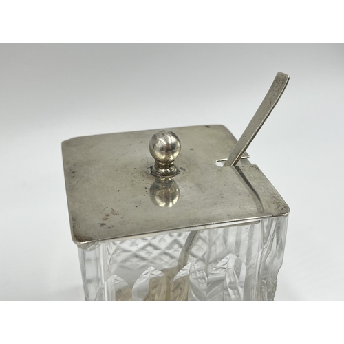 1229 - A H. Pidduck & Sons hallmarked Sheffield silver and cut glass condiment pot with matching spoon, lid... 