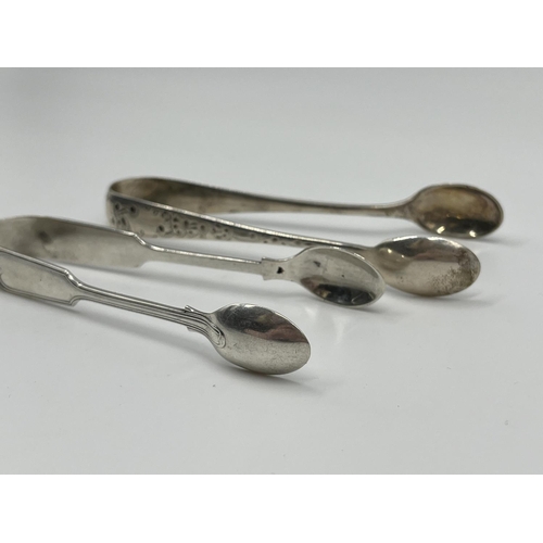 1234 - Five antique hallmarked sterling silver sugar tongs to include Edwardian Sheffield silver with claw ... 