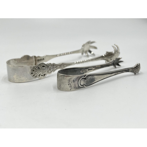 1234 - Five antique hallmarked sterling silver sugar tongs to include Edwardian Sheffield silver with claw ... 