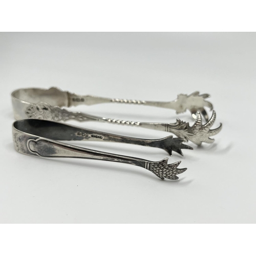 1234 - Five antique hallmarked sterling silver sugar tongs to include Edwardian Sheffield silver with claw ... 