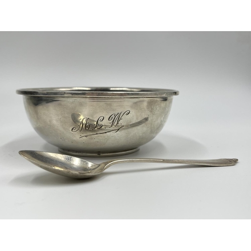 1239 - A boxed Broadway & Co hallmarked Birmingham silver christening bowl and spoon set, dated 1949 - appr... 