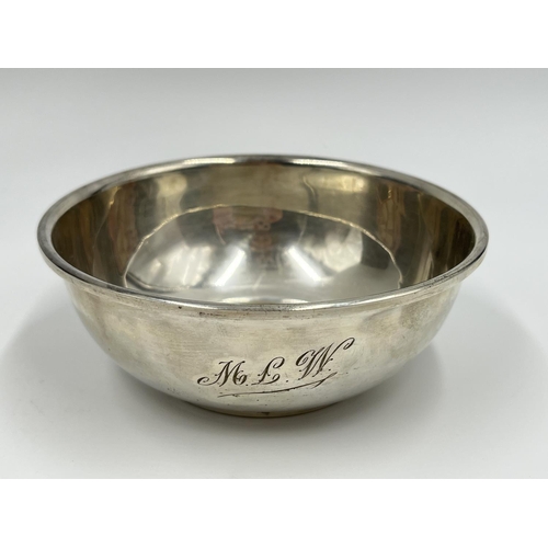 1239 - A boxed Broadway & Co hallmarked Birmingham silver christening bowl and spoon set, dated 1949 - appr... 