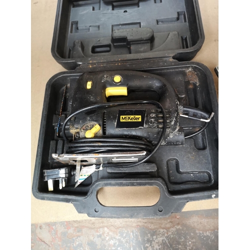 686 - Three handheld 240v power tools comprising Challenge circular saw, cased McKeller jig saw and boxed ... 