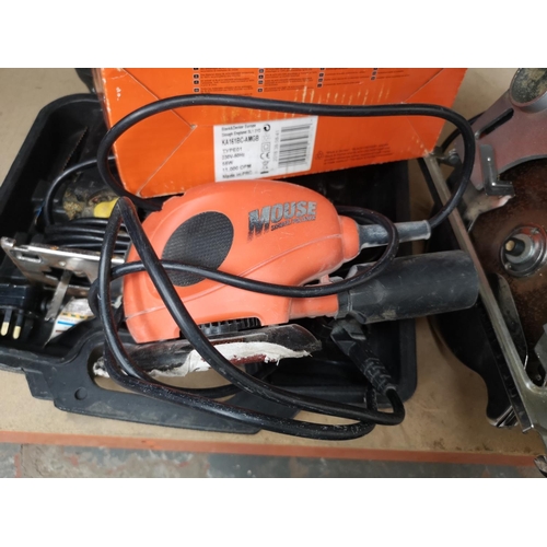 686 - Three handheld 240v power tools comprising Challenge circular saw, cased McKeller jig saw and boxed ... 