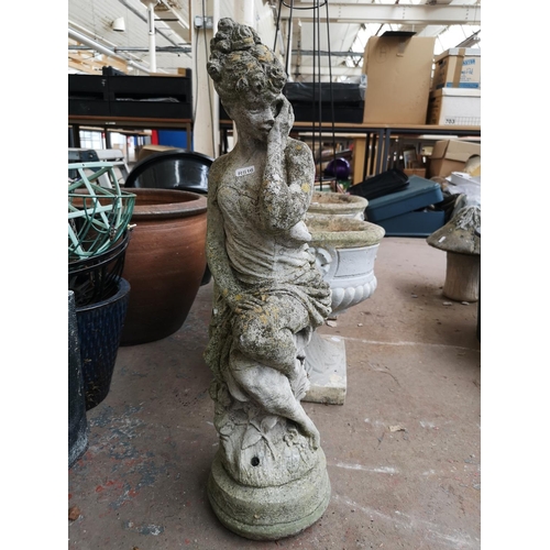 722 - Three cast stone garden items, two planters on pedestal base and one figural lady