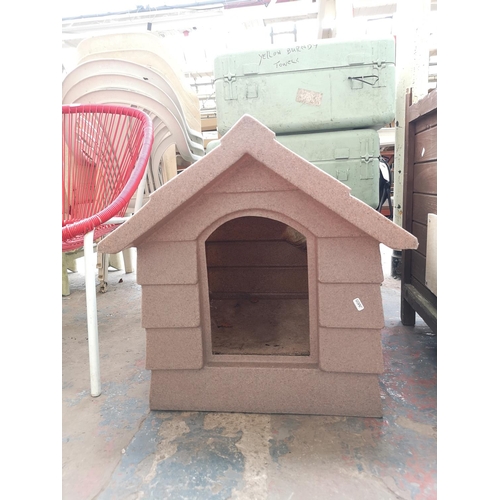 733 - Two items, one wooden rabbit hutch - approx. 76cm high x 118cm long x 60cm deep and one plastic dog ... 