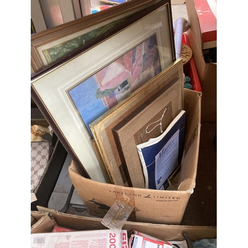 757 - Thirteen boxes containing a large quantity of items to include framed pictures, luggage, books, clot... 