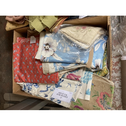 761 - Two boxes containing a collection of fabric to include roll of upholstery fabric, vintage 1950s blue... 