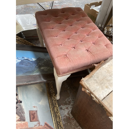 771 - A collection of items to include Edwardian cadonium, pink upholstered dressing table stool with cabr... 