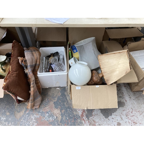 776 - Two boxes containing lamps, boxed LED lantern, decanter, Royal Doulton crystal vase etc.