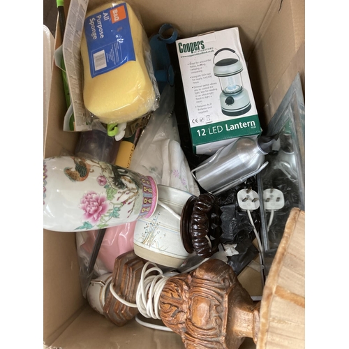 776 - Two boxes containing lamps, boxed LED lantern, decanter, Royal Doulton crystal vase etc.